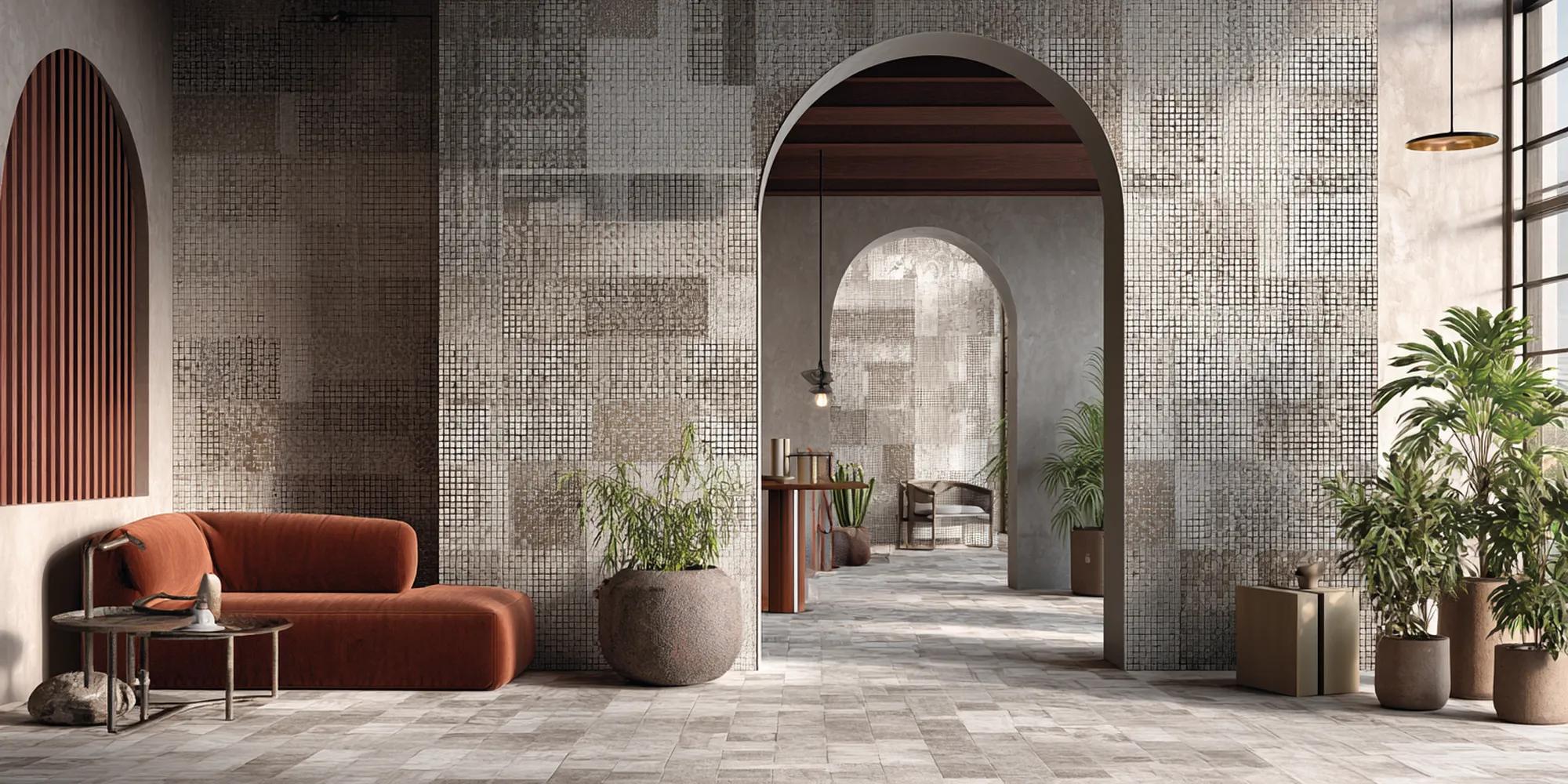 Elegant concrete-look mosaics with versatile designs, curated to fit various home interiors.