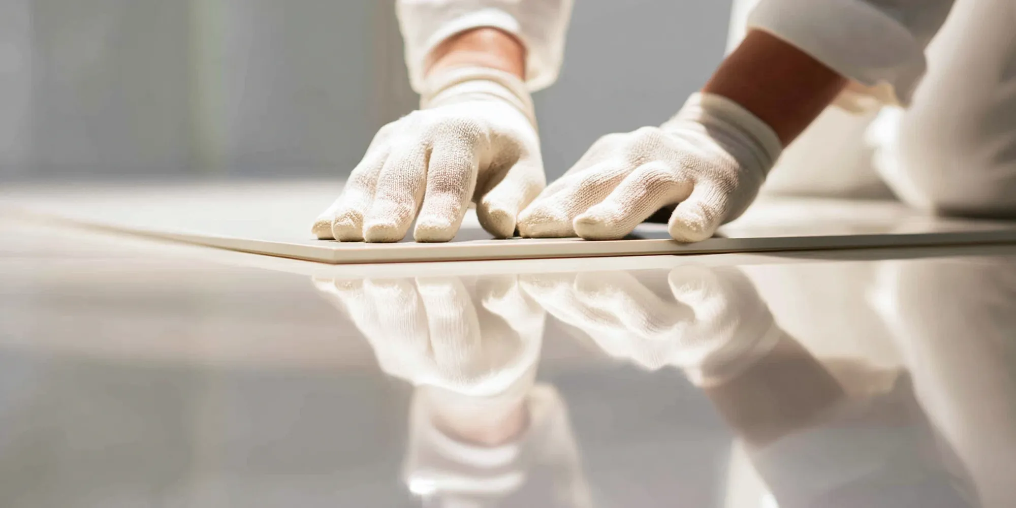 Close-up of gloved hands inspecting a porcelain floor tile—visual symbolizing thorough quality checks and easy claims support.