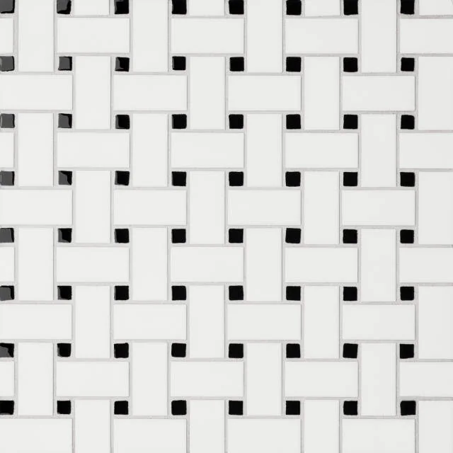 Le Cafe White/Black Matte/Gloss Dot 12x12 Basket Weave Porcelain Mosaic