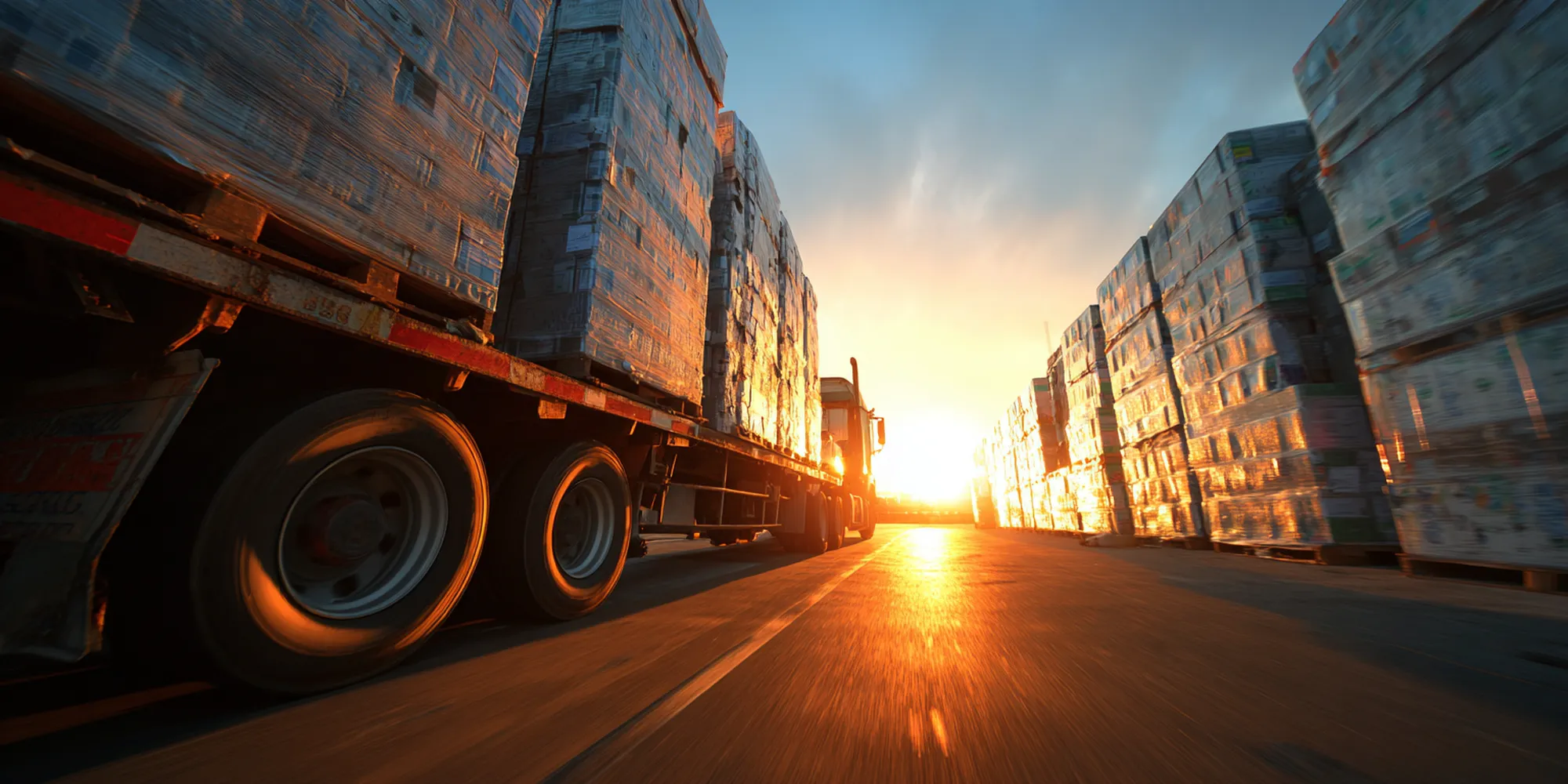 Fleet of delivery trucks leaving distribution center at sunrise—visual emphasizing capability to handle bulk and large-volume orders nationwide.