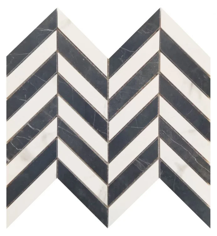 Prestigio Statuario-Marquinia Mix Chevron Lucido Marble Look Porcelain Mosaic