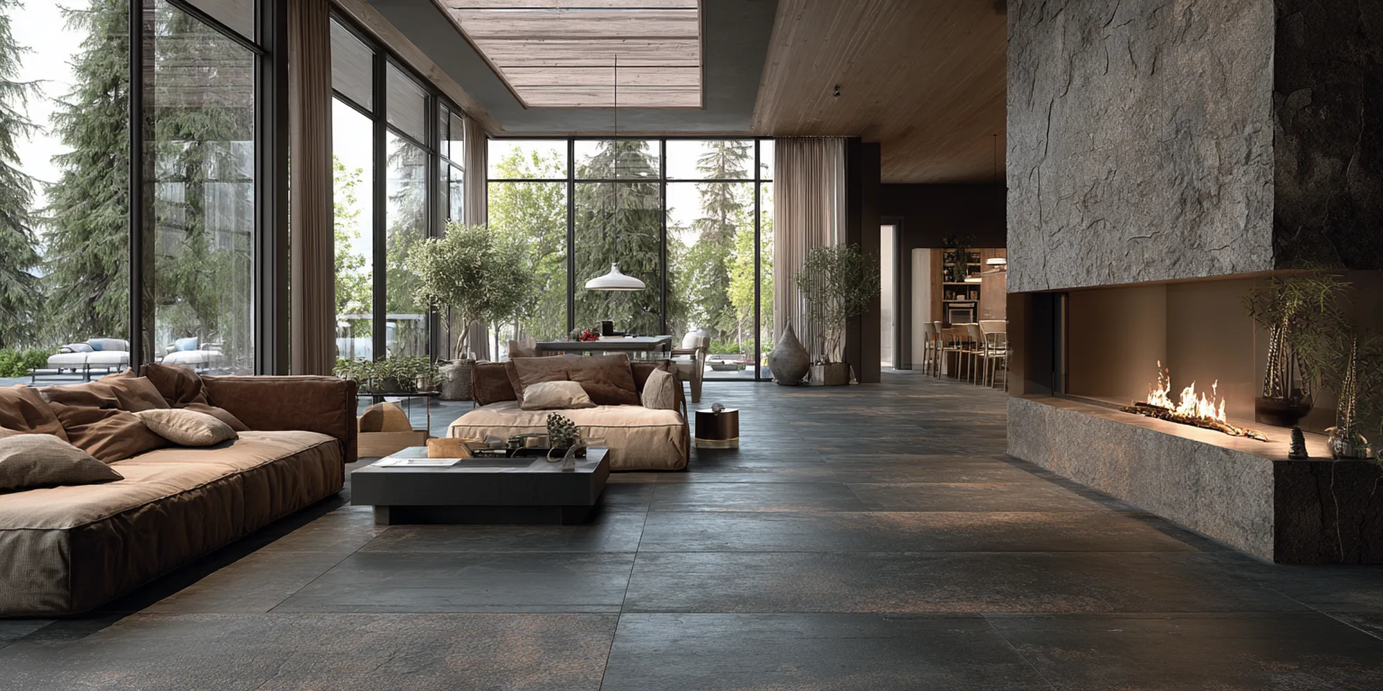 Cozy living room showcasing basalt tiles with natural stone