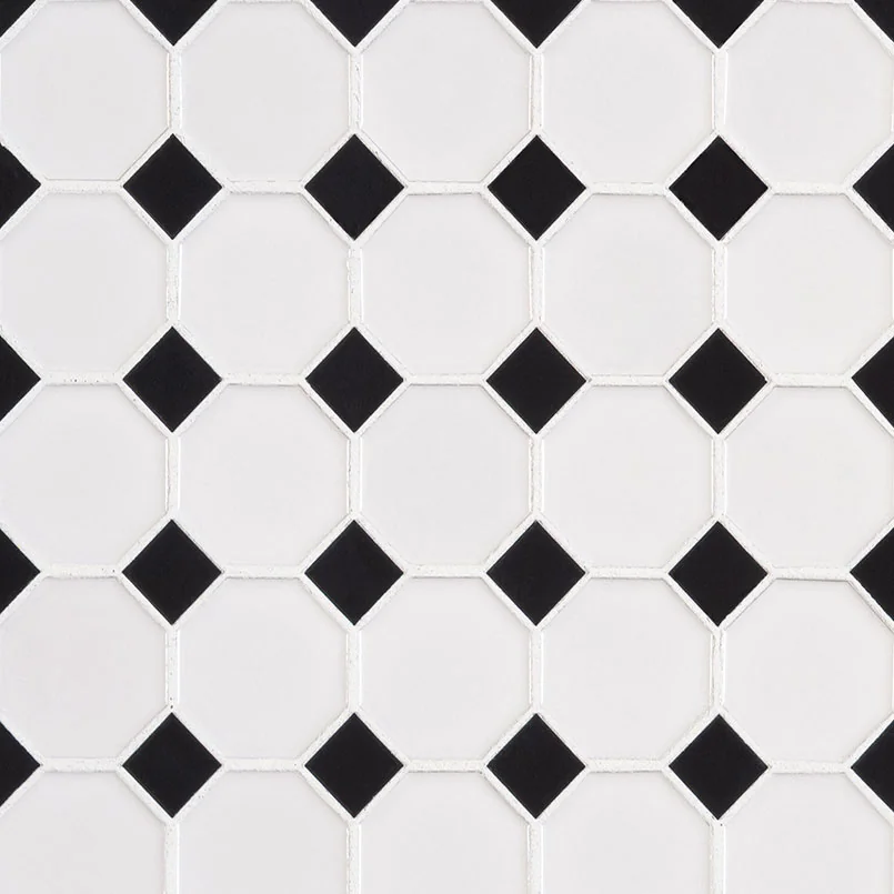 Domino White and Black Glossy Octagon 6mm Porcelain Mosaic Tile