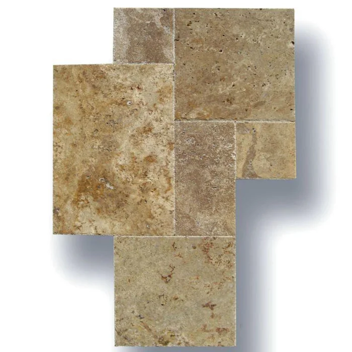 English Walnut Versailles Pattern Brushed & Chiseled Travertine Tile