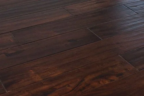 Exotic Walnut Dark 4-3/4 in x Random Length (12 in - 48 in) Plank Handscraped, Urethane Engineered Walnut Hardwood Flooring