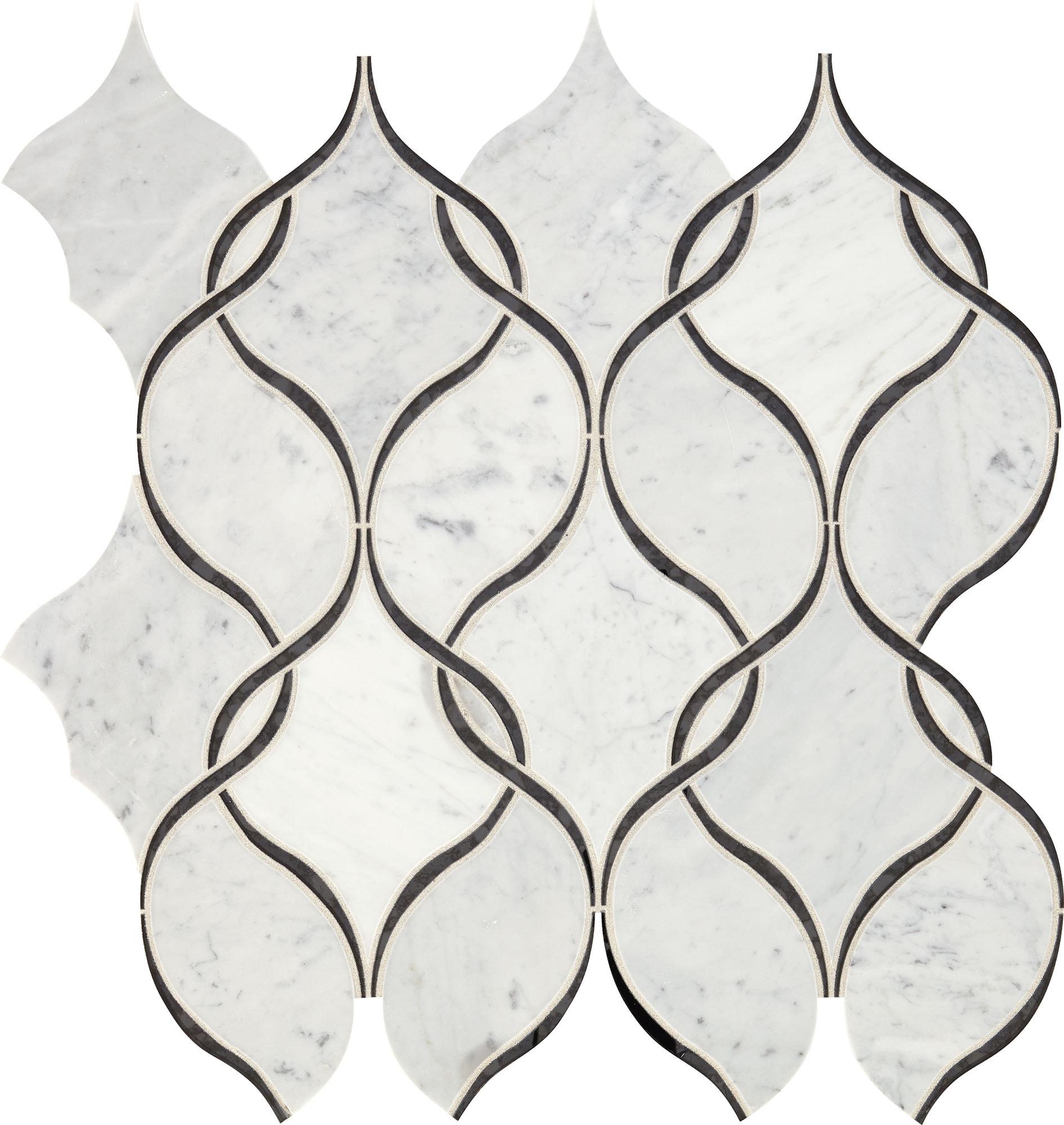 Lavaliere Carrara White & Black Antique Mirror Intertwining Arabesque Polished Mixed Mosaic Tile