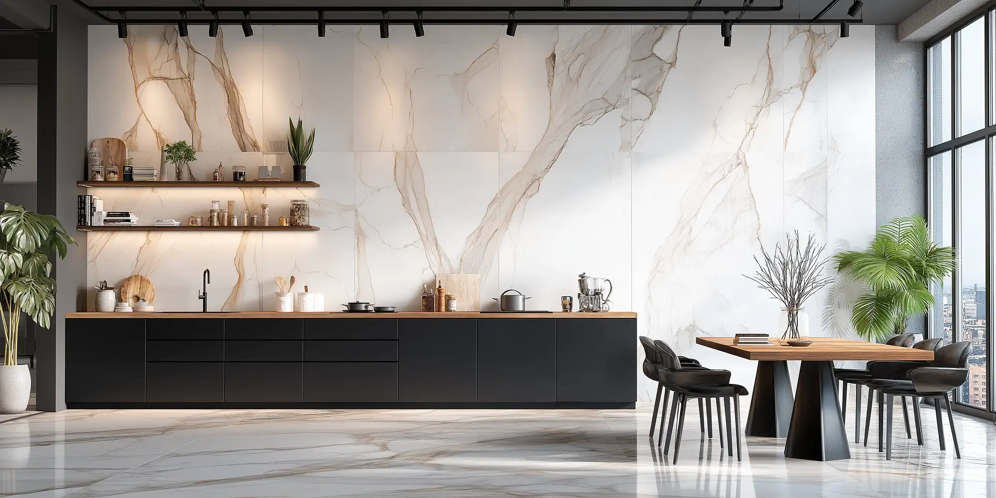 Modern tile with oak solid wood flooring and marble stone slab walls for a gorgeous kitchen.