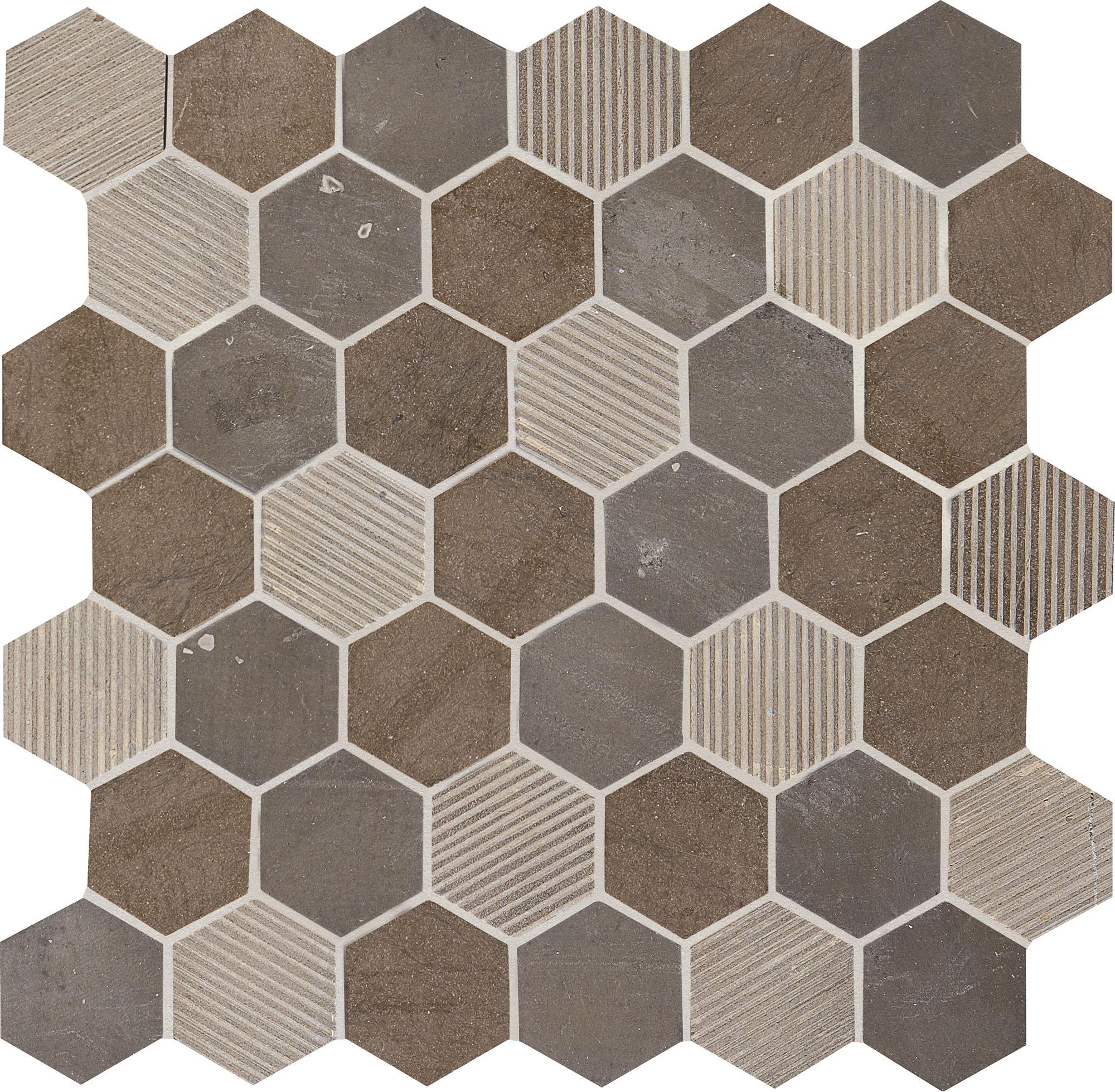 Sormonne Brun 2x2 Hexagon Honed, Brushed Limestone Mosaic Tile